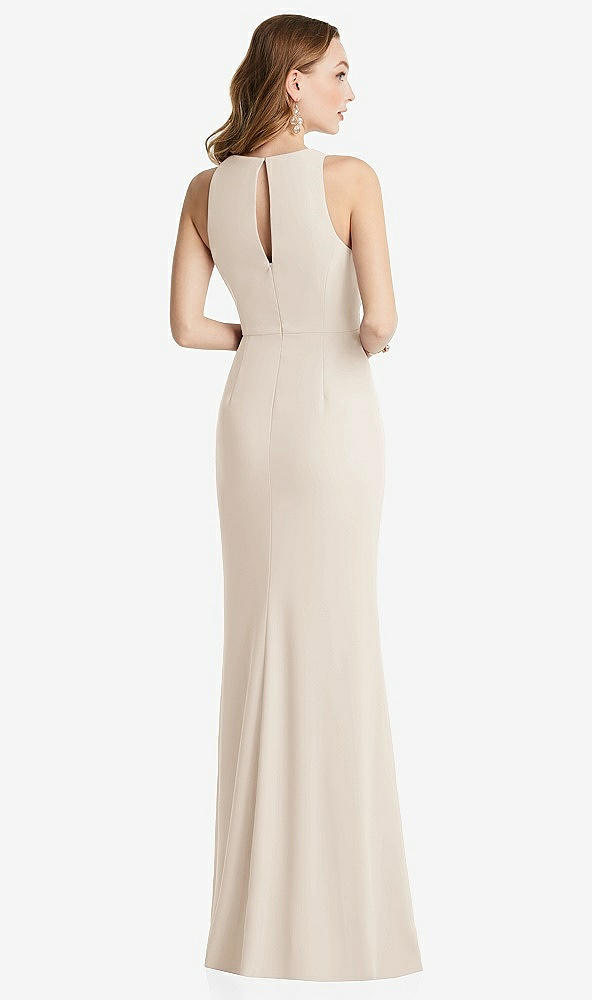 Back View - Oat Halter Maxi Dress with Cascade Ruffle Slit