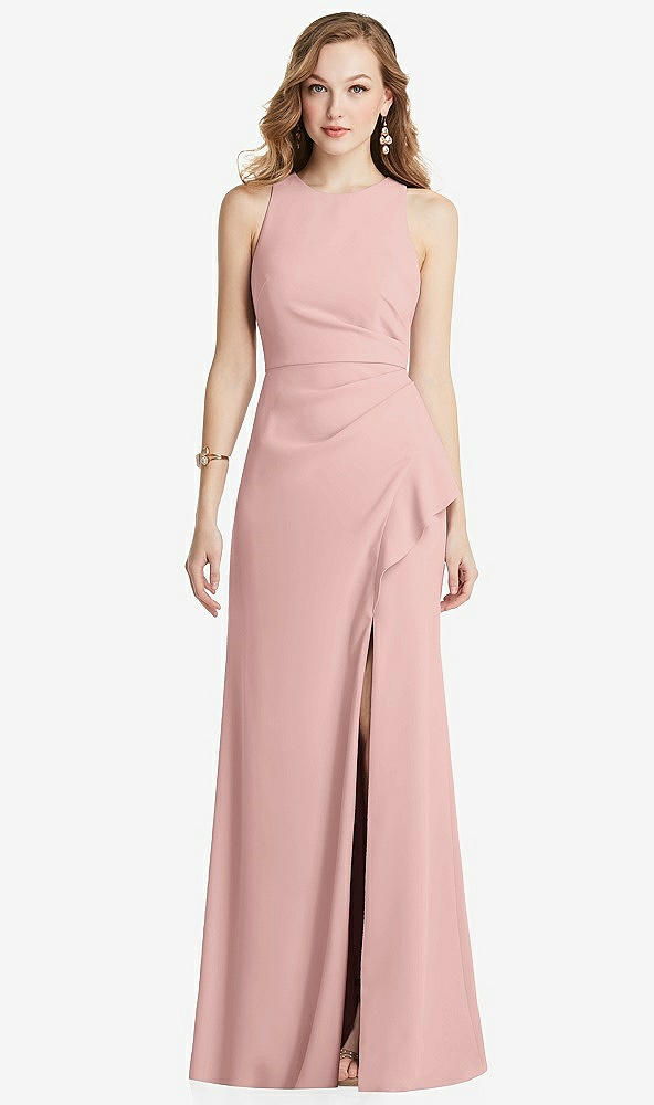 Front View - Rose Halter Maxi Dress with Cascade Ruffle Slit