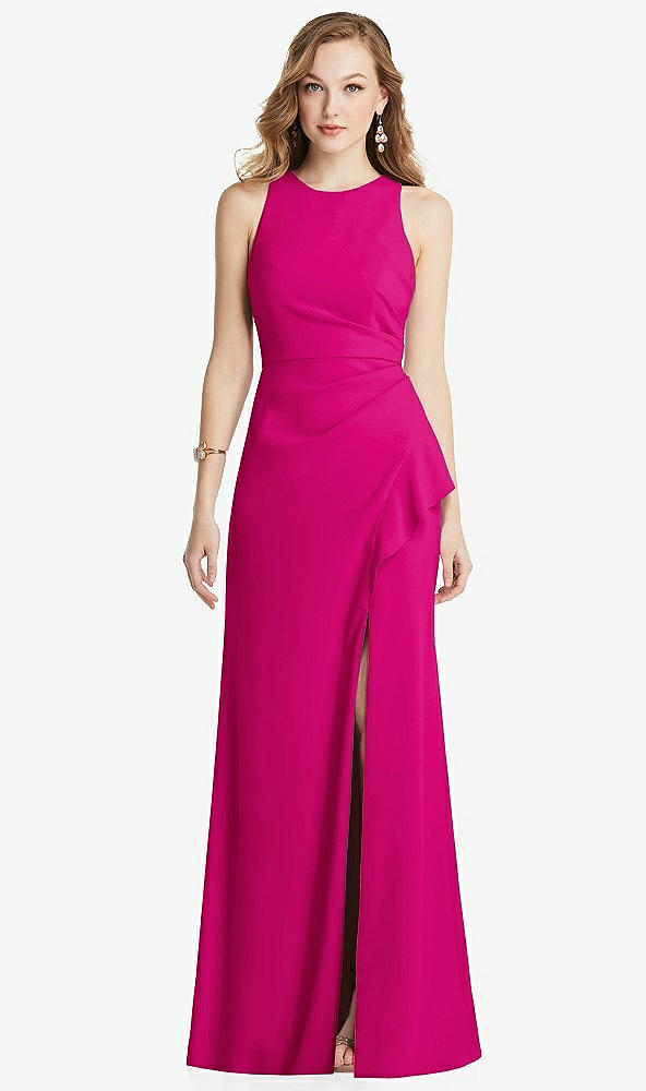 Front View - Think Pink Halter Maxi Dress with Cascade Ruffle Slit