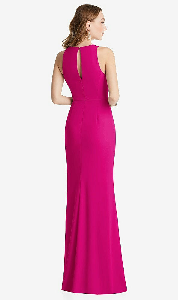 Back View - Think Pink Halter Maxi Dress with Cascade Ruffle Slit