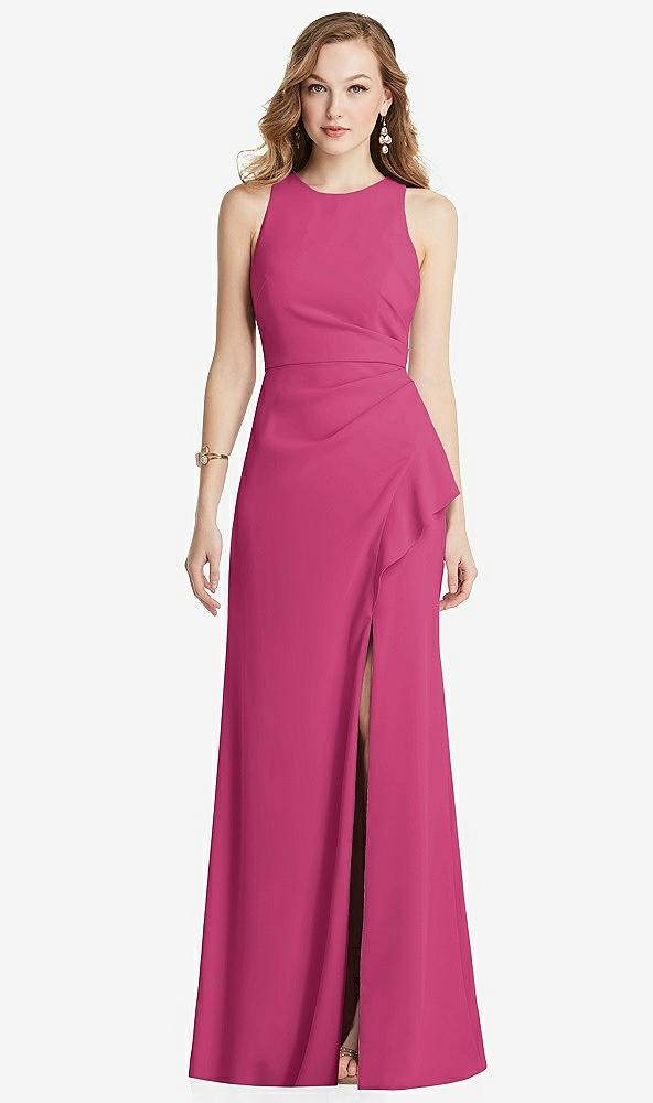 Front View - Tea Rose Halter Maxi Dress with Cascade Ruffle Slit