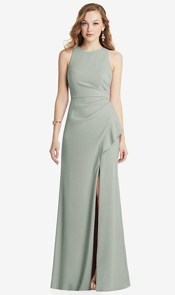 Front View - Willow Green Halter Maxi Dress with Cascade Ruffle Slit