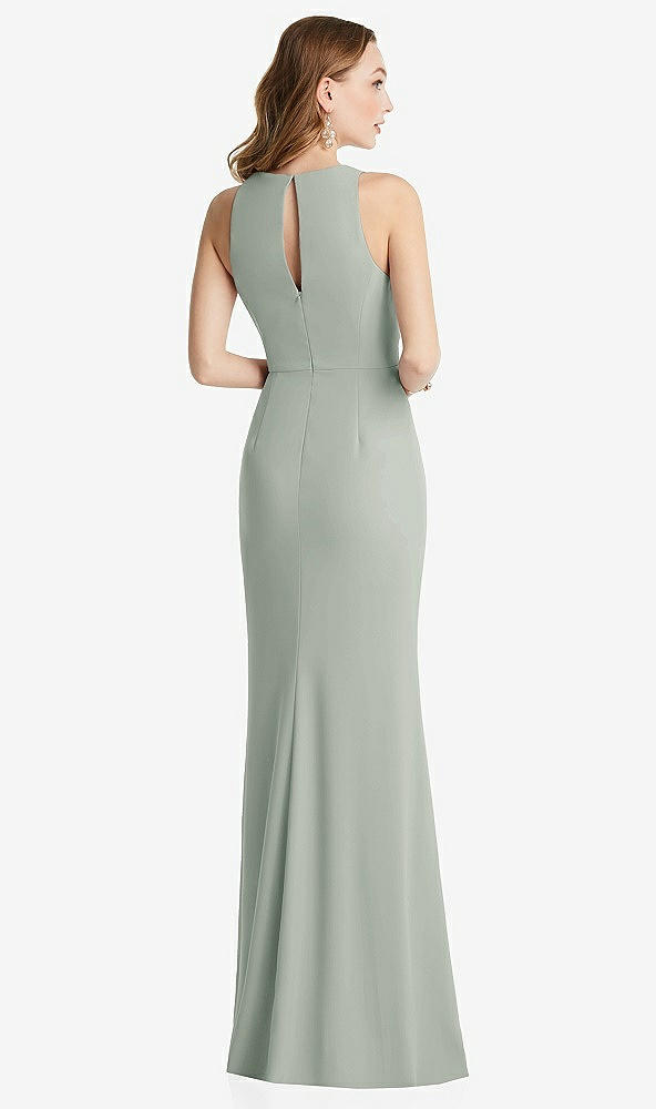 Back View - Willow Green Halter Maxi Dress with Cascade Ruffle Slit