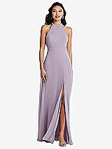 Rear View Thumbnail - Lilac Haze Stand Collar Halter Maxi Dress with Criss Cross Open-Back