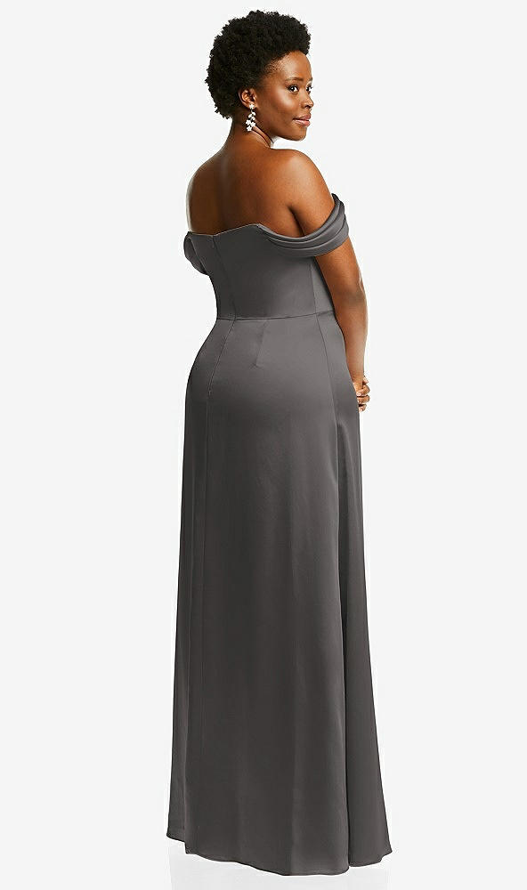 Back View - Caviar Gray Draped Pleat Off-the-Shoulder Maxi Dress