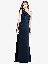 Front View Thumbnail - Midnight Navy Shirred One-Shoulder Satin Trumpet Dress - Maddie