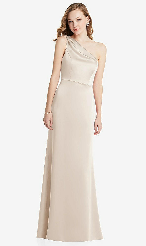 Front View - Oat Shirred One-Shoulder Satin Trumpet Dress - Maddie