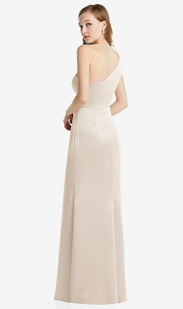 Back View - Oat Shirred One-Shoulder Satin Trumpet Dress - Maddie