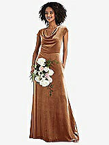 Alt View 1 Thumbnail - Golden Almond Cowl-Neck Cap Sleeve Velvet Maxi Dress with Pockets