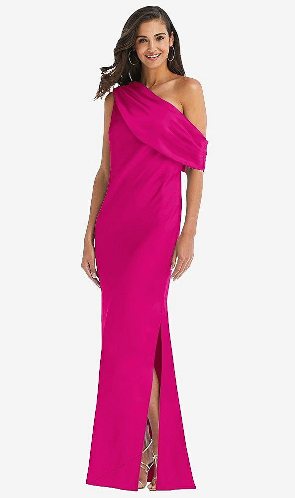 Front View - Think Pink Draped One-Shoulder Convertible Maxi Slip Dress