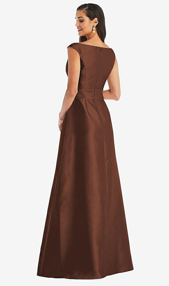 Back View - Cognac & Cognac Off-the-Shoulder Draped Wrap Satin Maxi Dress