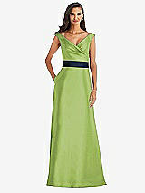 Front View Thumbnail - Mojito & Midnight Navy Off-the-Shoulder Draped Wrap Satin Maxi Dress