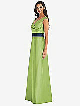 Side View Thumbnail - Mojito & Midnight Navy Off-the-Shoulder Draped Wrap Satin Maxi Dress