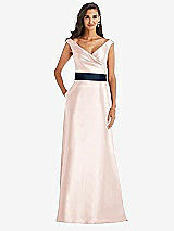 Front View Thumbnail - Blush & Midnight Navy Off-the-Shoulder Draped Wrap Satin Maxi Dress