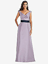 Front View Thumbnail - Lilac Haze & Midnight Navy Off-the-Shoulder Draped Wrap Satin Maxi Dress