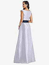 Rear View Thumbnail - Silver Dove & Midnight Navy Off-the-Shoulder Draped Wrap Satin Maxi Dress