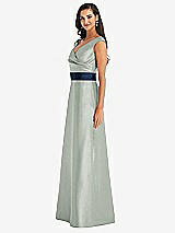 Side View Thumbnail - Willow Green & Midnight Navy Off-the-Shoulder Draped Wrap Satin Maxi Dress