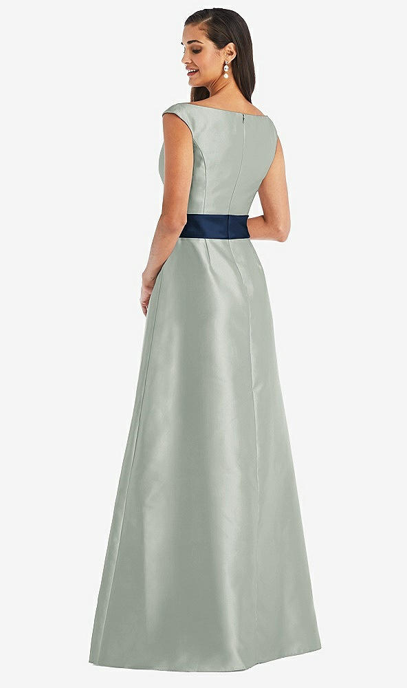 Back View - Willow Green & Midnight Navy Off-the-Shoulder Draped Wrap Satin Maxi Dress