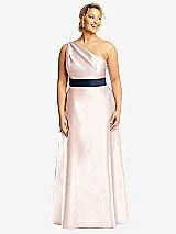 Front View Thumbnail - Blush & Midnight Navy Draped One-Shoulder Satin Maxi Dress with Pockets