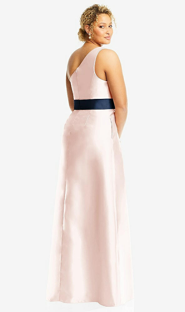 Back View - Blush & Midnight Navy Draped One-Shoulder Satin Maxi Dress with Pockets