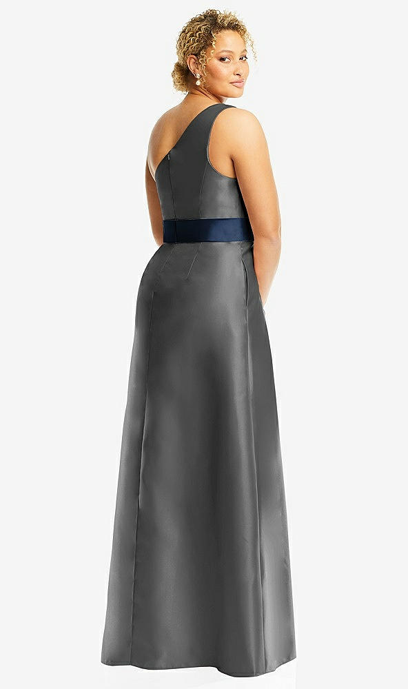 Back View - Gunmetal & Midnight Navy Draped One-Shoulder Satin Maxi Dress with Pockets