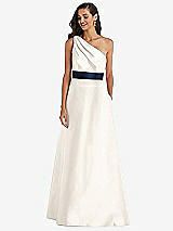 Alt View 1 Thumbnail - Ivory & Midnight Navy Draped One-Shoulder Satin Maxi Dress with Pockets