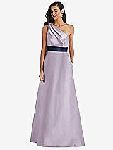 Alt View 1 Thumbnail - Lilac Haze & Midnight Navy Draped One-Shoulder Satin Maxi Dress with Pockets