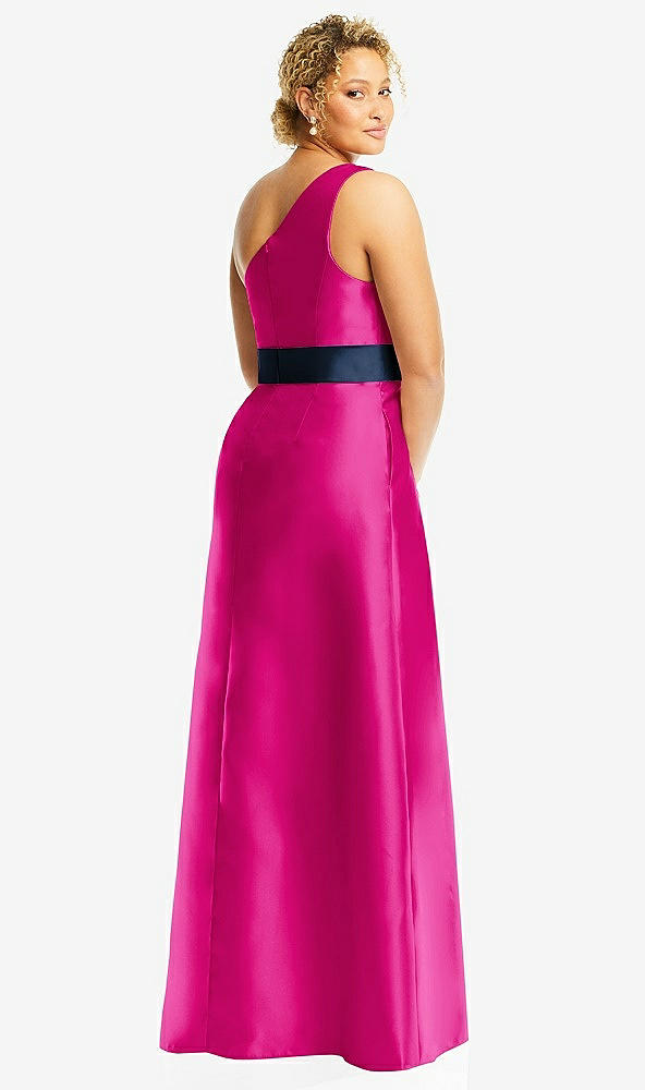 Back View - Think Pink & Midnight Navy Draped One-Shoulder Satin Maxi Dress with Pockets