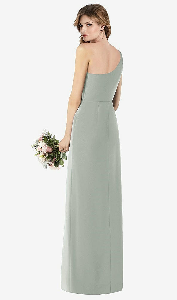 Back View - Willow Green One-Shoulder Crepe Trumpet Gown with Front Slit