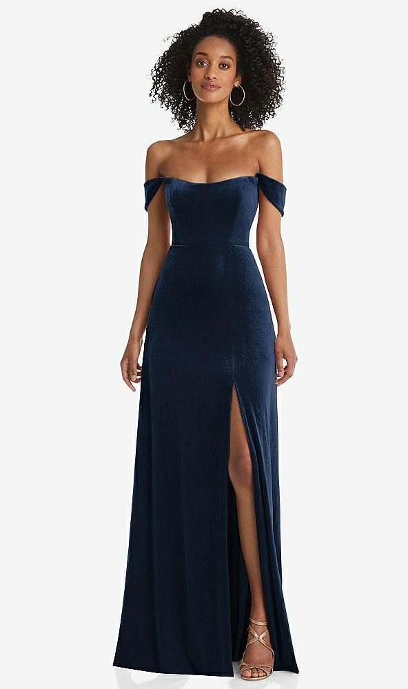 Front View - Midnight Navy Off-the-Shoulder Flounce Sleeve Velvet Maxi Dress