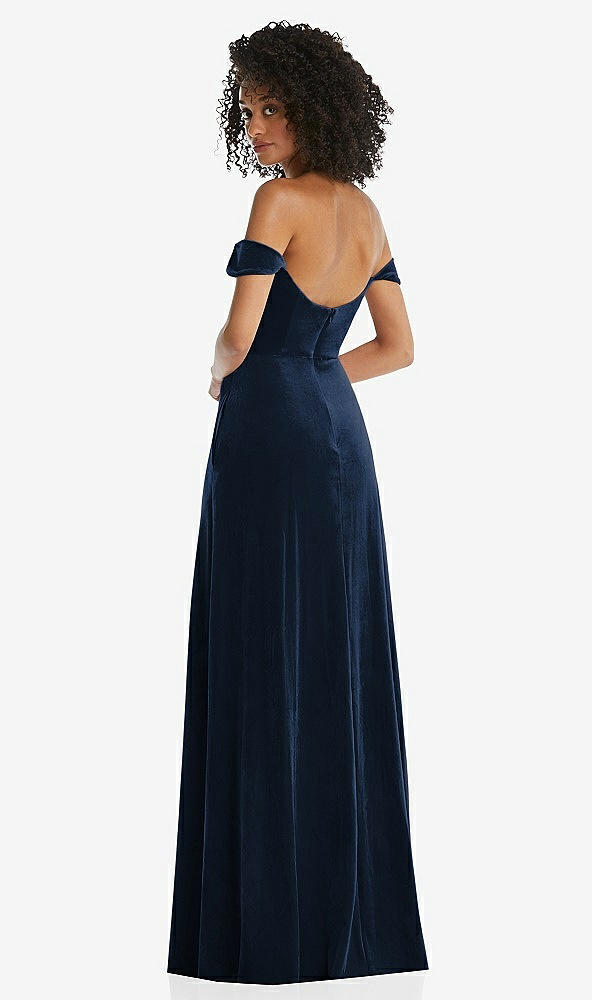 Back View - Midnight Navy Off-the-Shoulder Flounce Sleeve Velvet Maxi Dress