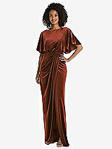 Front View Thumbnail - Auburn Moon Flutter Sleeve Open-Back Velvet Maxi Dress with Draped Wrap Skirt