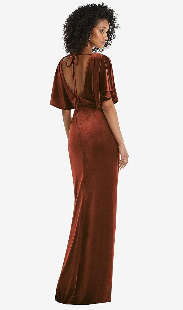 Back View - Auburn Moon Flutter Sleeve Open-Back Velvet Maxi Dress with Draped Wrap Skirt