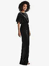 Side View Thumbnail - Black Flutter Sleeve Open-Back Velvet Maxi Dress with Draped Wrap Skirt