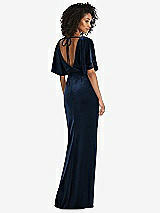 Rear View Thumbnail - Midnight Navy Flutter Sleeve Open-Back Velvet Maxi Dress with Draped Wrap Skirt