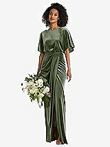 Alt View 1 Thumbnail - Sage Flutter Sleeve Open-Back Velvet Maxi Dress with Draped Wrap Skirt