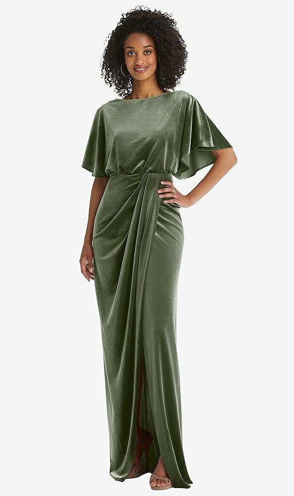 Front View - Sage Flutter Sleeve Open-Back Velvet Maxi Dress with Draped Wrap Skirt