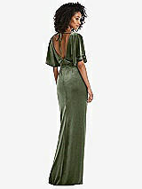 Rear View Thumbnail - Sage Flutter Sleeve Open-Back Velvet Maxi Dress with Draped Wrap Skirt