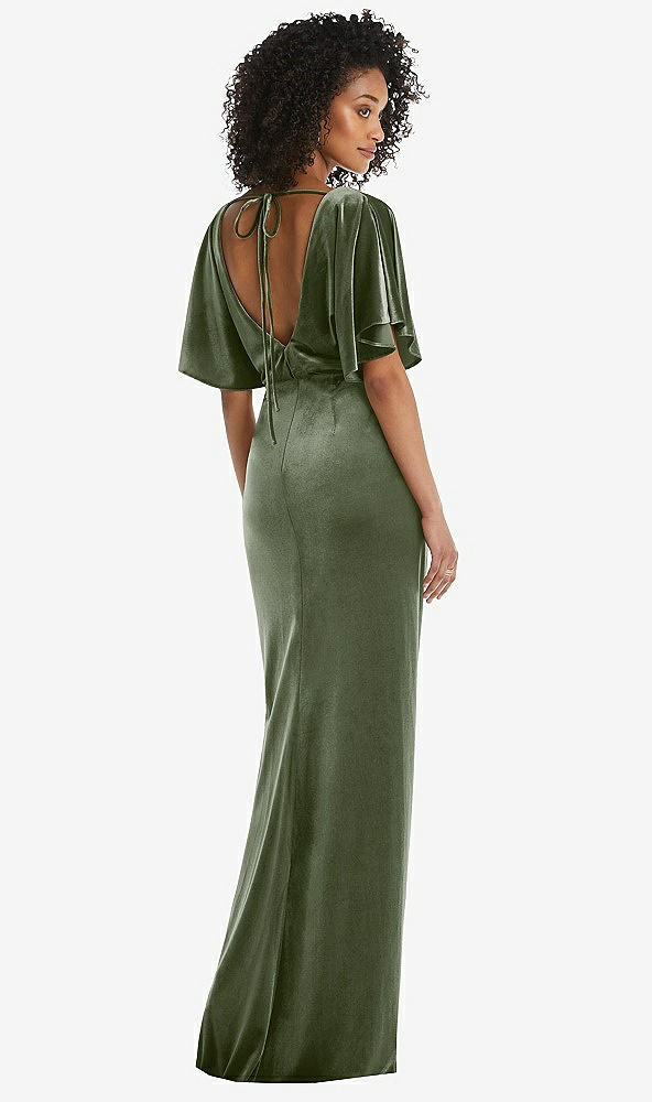 Back View - Sage Flutter Sleeve Open-Back Velvet Maxi Dress with Draped Wrap Skirt