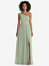 Front View Thumbnail - Sage One-Shoulder Chiffon Maxi Dress with Shirred Front Slit