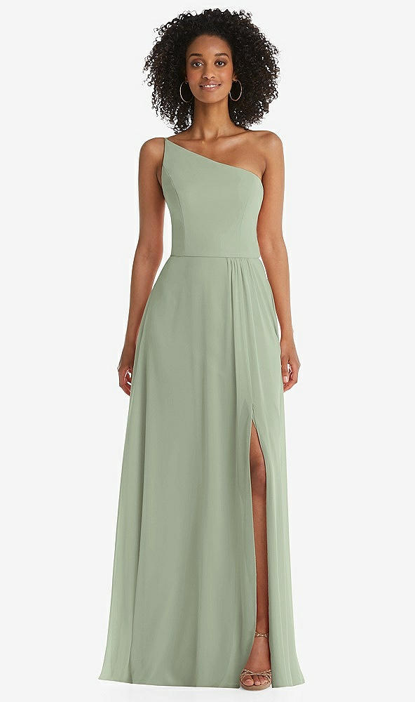 Front View - Sage One-Shoulder Chiffon Maxi Dress with Shirred Front Slit