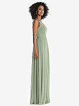 Side View Thumbnail - Sage One-Shoulder Chiffon Maxi Dress with Shirred Front Slit