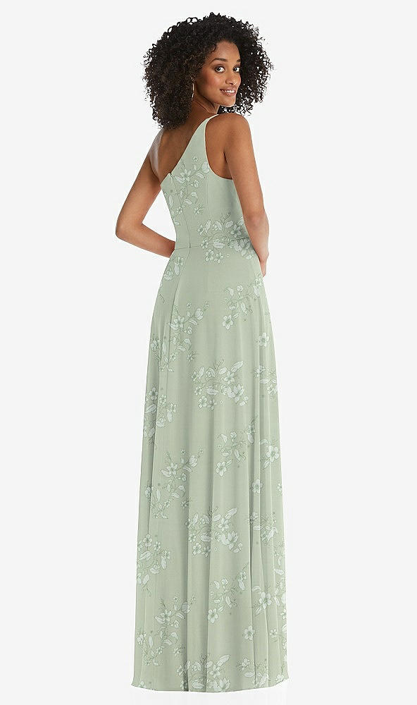 Back View - Vintage Primrose Sage One-Shoulder Chiffon Maxi Dress with Shirred Front Slit