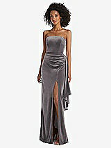 Front View Thumbnail - Caviar Gray Strapless Velvet Maxi Dress with Draped Cascade Skirt