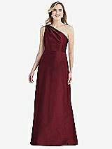 Front View Thumbnail - Cabernet Pleated Draped One-Shoulder Satin Maxi Dress with Pockets