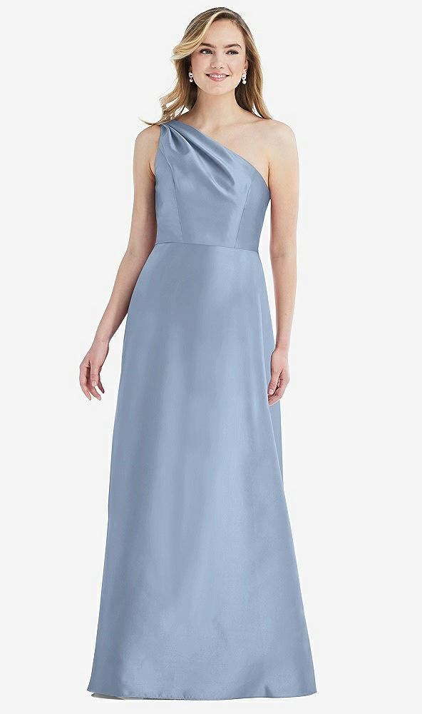 Front View - Cloudy Pleated Draped One-Shoulder Satin Maxi Dress with Pockets