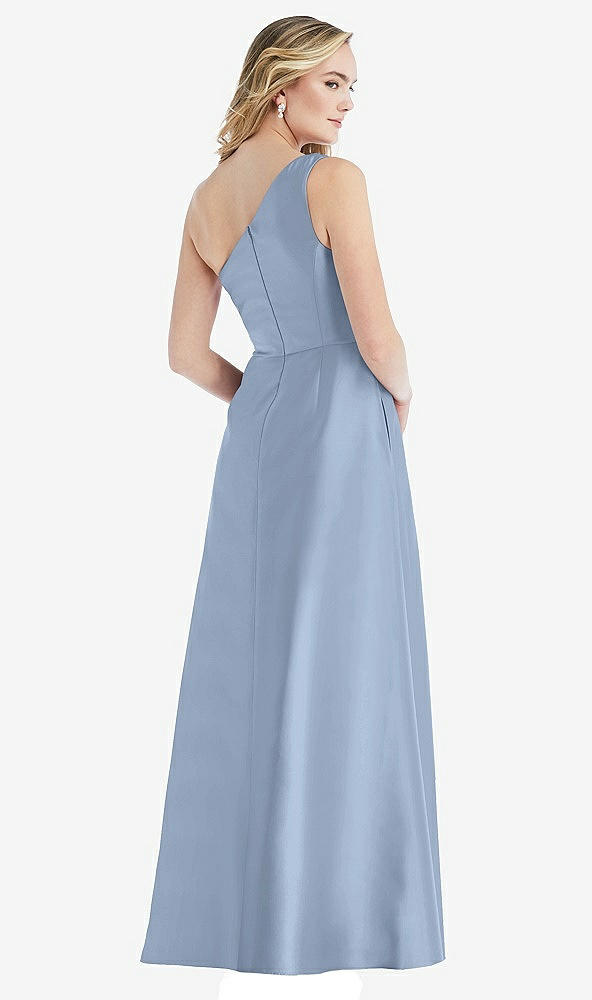 Back View - Cloudy Pleated Draped One-Shoulder Satin Maxi Dress with Pockets