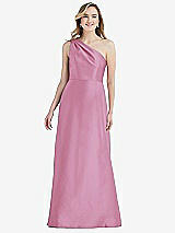 Front View Thumbnail - Powder Pink Pleated Draped One-Shoulder Satin Maxi Dress with Pockets