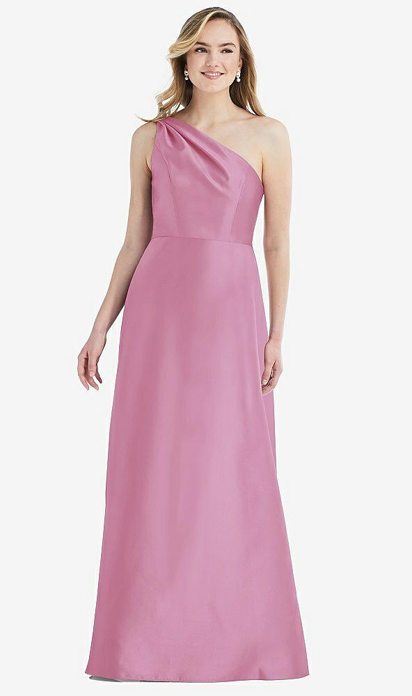 Front View - Powder Pink Pleated Draped One-Shoulder Satin Maxi Dress with Pockets