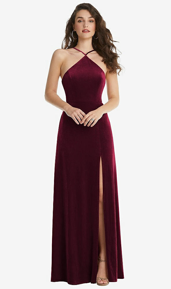 Front View - Cabernet High Neck Halter Open-Back Velvet Dress - Alix